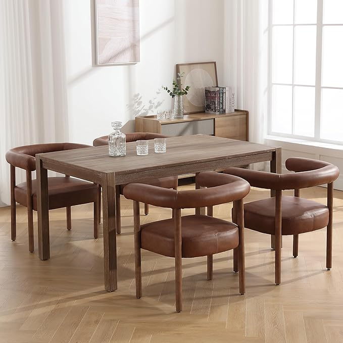 PU Leather Dining Chairs Set of 4, Modern Upholstered Dining Chairs, Curved Backrest Kitchen Dining Room Chairs Accent Chairs Arm Chairs with Natural Wood Legs, Brown