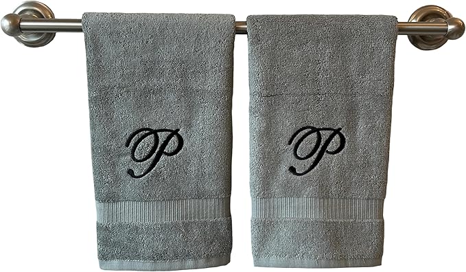 Gray Monogrammed Hand Towels for Bathroom - Luxury Hotel Quality Personalized Initial Embroidered Towel for Powder Room, Spa - GOTS Organic Certified - Set of 2 Black Letter P