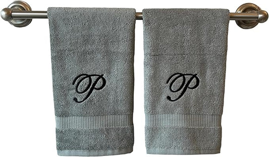 Gray Monogrammed Hand Towels for Bathroom - Luxury Hotel Quality Personalized Initial Embroidered Towel for Powder Room, Spa - GOTS Organic Certified - Set of 2 Black Letter P
