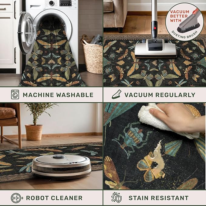Vintage Insect 2x8 Black Entryway Runner Rug, Washable Non Slip Runners for Kitchen, Boho & Nature Long Rugs for Hallway, Low Pile Soft Stain Resistant Carpet