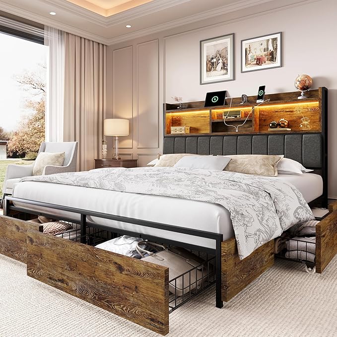 LARMACE Queen Bed Frame with 6 Storage Drawers, Bed Frame Queen Size with Linen Upholstered Headboard, Built in Charging Station and LED, No Noise, Metal Support, No Box Spring Needed,Vintage Brown