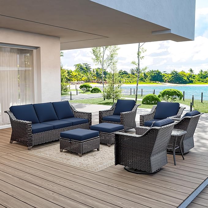 8 Pieces Wicker Patio Furniture, Luxury Outdoor Furniture with 2 Patio Swivel Chair, 2 Patio Chair, 3-Seater Sofa, 2 Patio Ottoman and 1 Side Table, Wide Armrest, Thickened Cushions