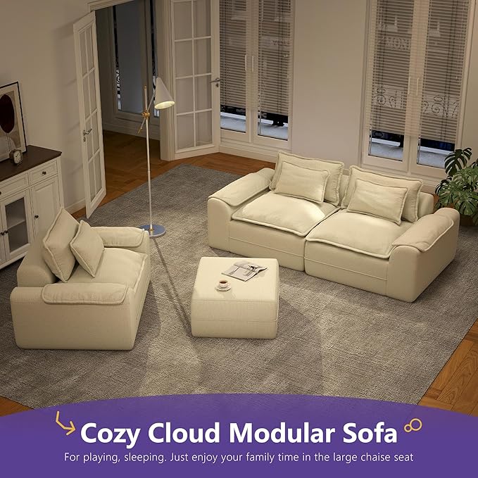 Hobestluk Cloud Single Sofa with Ottoman Memory Foam Couch with Deep Seat L Shaped Sofa with Removable Cover Large Couch for Living Room (Beige, Single Sofa with One Ottoman)