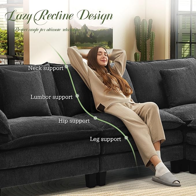 Modular Sectional Sofa, Comfy Cloud Couch with Movable Ottoman, Deep Seat Couches for Living Room, Bedroom and Apartment, 140" U Shaped Modern Sofa with Pillows, Black