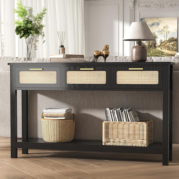 ELYKEN 51.2" Black Console Tables for Entryway, Rattan Entryway Table with 3 Drawer & Shelf, Narrow Long Sofa Table for Behind Couch Hallway, Entrance Entry Living Room