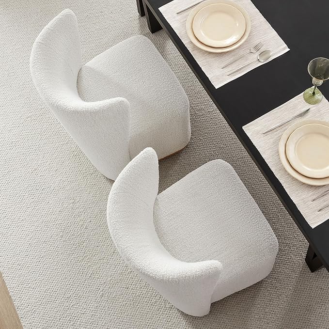 CHITA Upholstered Rolling Dining Chair on Casters Set of 4, FSC Certified Modern Curve Back Dining Chair with Casters, Boucle Dining Chairs for Reading Room Kitchen Dining Room, Pearl