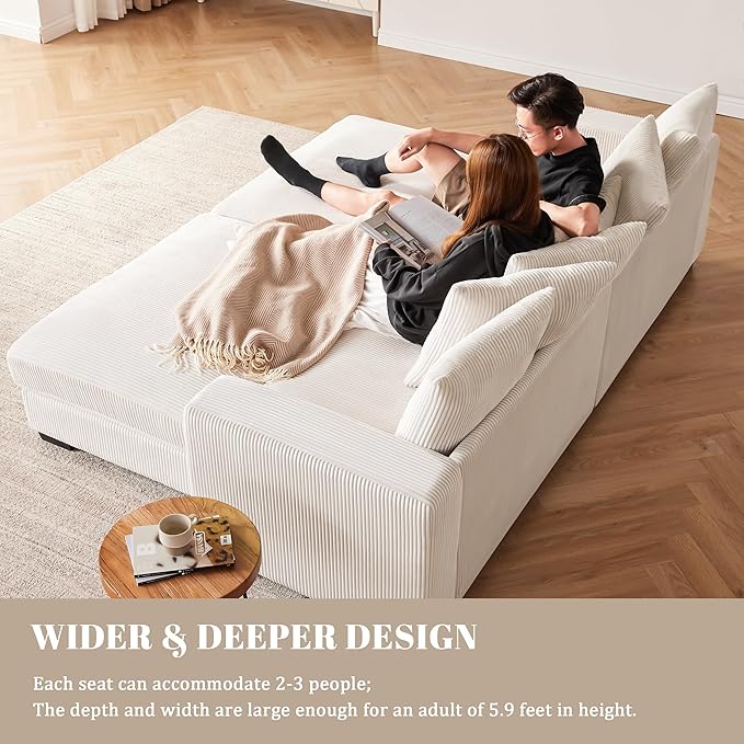 101.6" Deep Seat Modular Sectional Sofa, Comfy Corduroy Sectional Couches for Living Room, L-Shaped Upholstered Cloud Couch with Chaise, Widened Armrests for 4 People, Beige