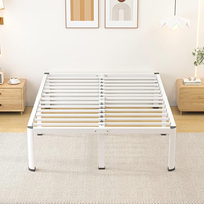 18 Inch Full Size Metal Bed Frame with Round Corners, Storage Space Under High Bed Frame-Heavy Duty Steel Slats Support, Noise Free - Easy Assembly - No Box Spring Needed,White