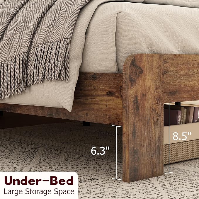 King Size Bed Frame, Rustic Vintage Platform Bed Frame with Wood Headboard and Footboard, 12 Wood Slats Support, No Box Spring Needed (Dark Brown, King)