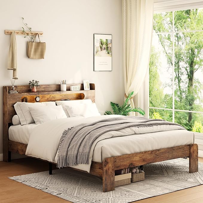 Full Size Wooden Bed Frame, Storage Headboard with Charging Station & Led Lights, Rustic Farmhouse Sturdy Framework Wood Bedframe, Easy Assembly (Brown Led)