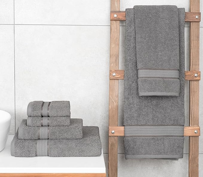 6 Piece 100% Turkish Cotton Towel Set, 2 Bath Towels 2 Hand Towels 2 Washcloths, Soft Absorbent Towels for Bathroom and Kitchen, Cool Gray