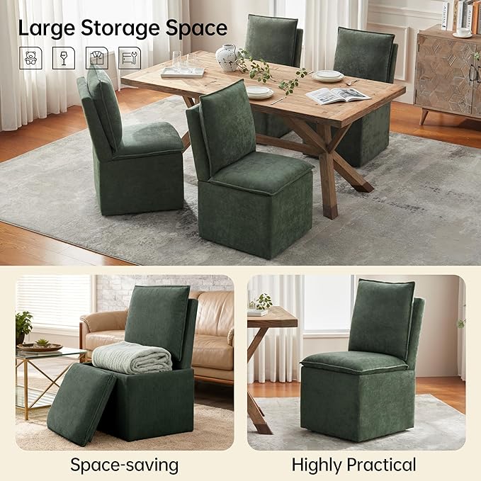 VKNOW Upholstered Dining Chairs Set of 2, Modern Rolling Chairs with Storage and Wheels, Linen Armless Chair with Cushion and Backrest, Dining Room Chairs for Living Room Kitchen Bedroom, Green