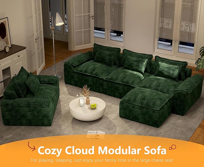Hobestluk 120" Cloud Modular Sectional Couch 3-Seater Sofa with Ottoman L Shaped Sofa with Removable Cover Large Sofa Couch for Living Room (Green, 3-Seater Sofa with One Ottoman)