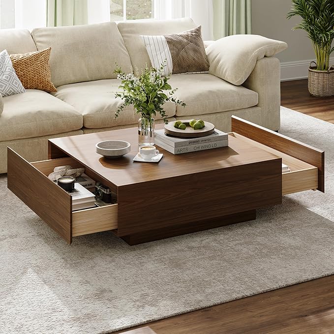 POVISON Modern Square Coffee Table with Storage, 39.37" Wood Coffee Table for Living Room Home Office, Fully-Assembled Walnut
