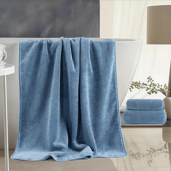 Ring Spun Terry Microfiber Bath Towel Set, 3 Piece, Oversize, Quick Dry, Lint Free, Includes Bath, face, and Hand Towels (Blue)