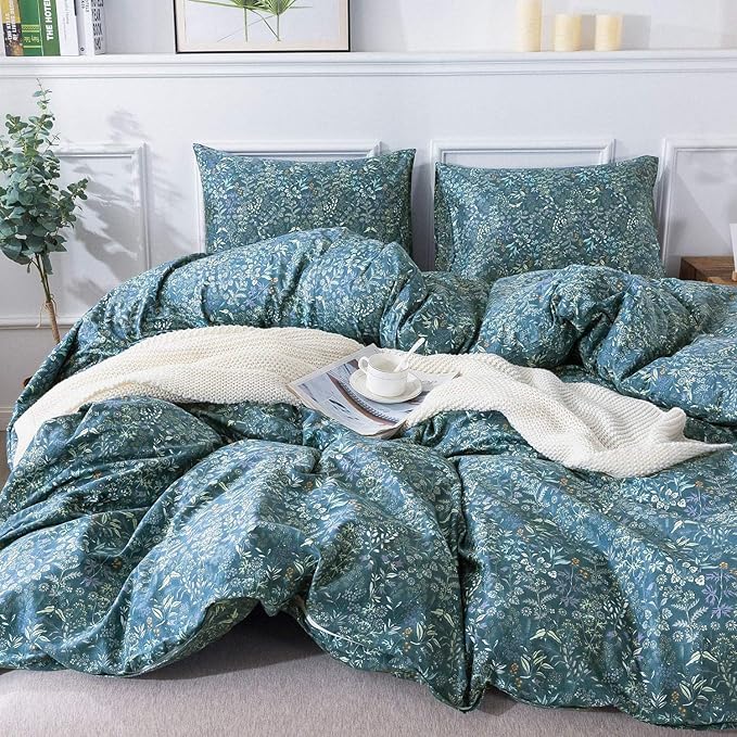 Blue Floral Duvet Cover Queen Vintage Flower Pattern Duvet Cover 100% Cotton Garden Style Comforter Cover Chic Botanical Floral Bedding Sets for Girls Women 1 Queen Duvet Cover with 2 Pillowcases