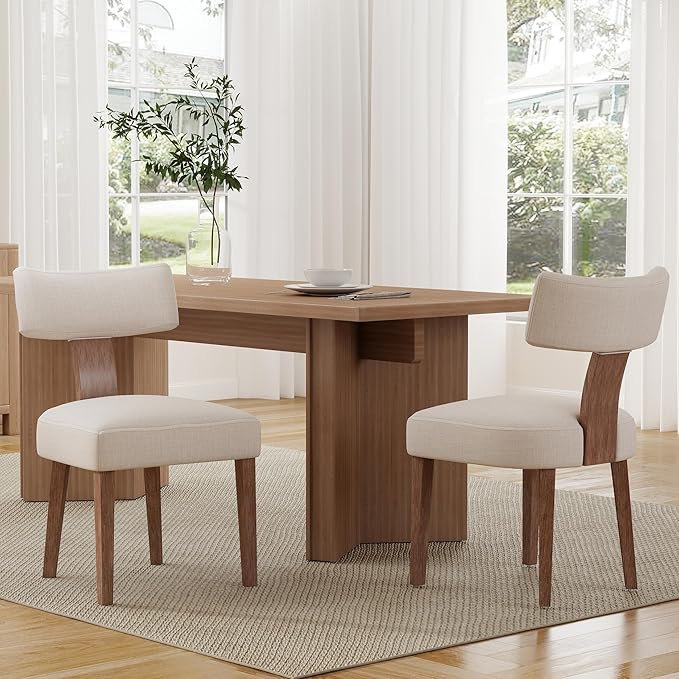 Mid Century Modern Dining Chairs Set of 2 Upholstered Linen Fabric Dining Chairs Curved Backrest Farmhouse Dining Room Chairs Kitchen Chairs with Wood Legs, Beige