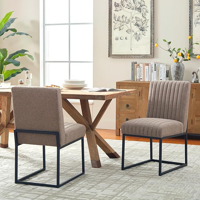 VKNOW Upholstered Dining Chairs, Modern Dining Room Chairs with Stripe, Linen Kitchen Chair Dinner Chair with Black Metal Base for Kitchen Office, Brown