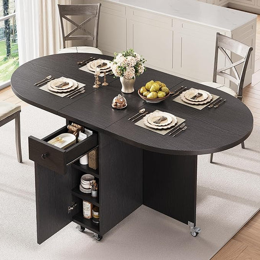 Folding Dining Table for 4 Kitchen Dining Room DinnerTable with Storage Drawer Space Saving Oval Foldable Drop Leaf Gateleg Furniture for Small Space (Black, 47 * 23.6 * 30)