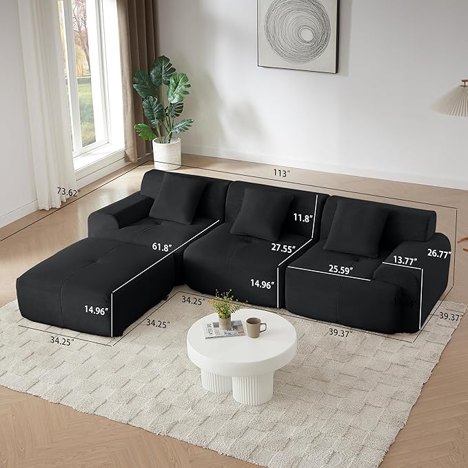 Cilee 113" Modular Sectional Sofa, Cloud Couch with Deep Seat, L-Shape Boneless Sofa, 3 Seat Memory Foam Sofa, No Assembly Required, Upholstered Couch for Living Room, Movable Ottoman, Corduroy, Black