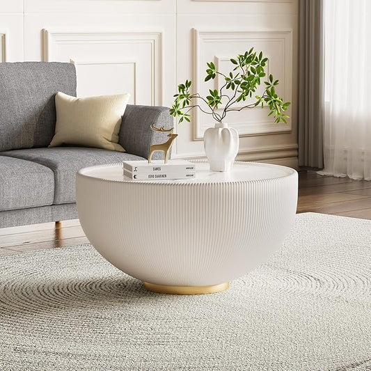 White Round Coffee Table with Sintered Stone Tabletop, 27.56" Drum Coffee Table with Fluted PU Leather Covered and Metal Base, Circle Cocktail Tea Table for Living Room