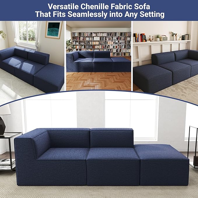 106" Sectional Compressed Sofa Modular Couches,High-Density Foam No Assembly Required,3-Piece(1xCorner 1xArmless 1xOttoman) for Living Room, Chenille Blue