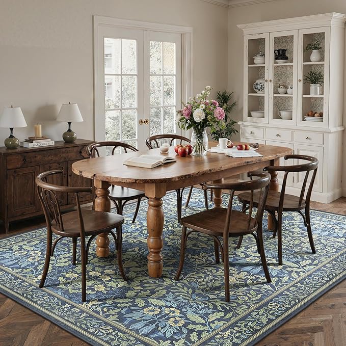 GENIMO 8x10 Washable Area Rug, Non-Slip Vintage Boho Floral Carpet, Soft Low-Pile Thin Living Room Rug for Bedroom, Dining Room, Nursery, Dark Blue
