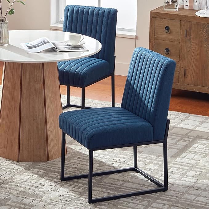 VKNOW Upholstered Dining Chairs, Modern Dining Room Chairs with Stripe, Linen Kitchen Chair Dinner Chair with Black Metal Base for Kitchen Office, Blue