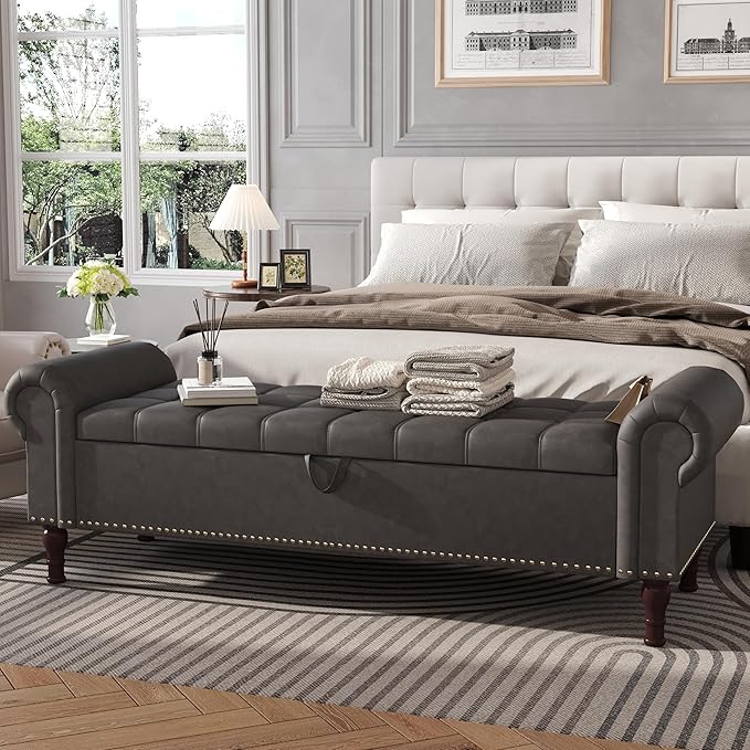Apicizon 60” Bench with Storage, Upholstered Tufted Button Bedroom Bench with Storage, Faux Leather End of Bed Bench with Rolled Arms, Storage Ottoman Bench for Bedroom, Living Room, Entryway, Gray