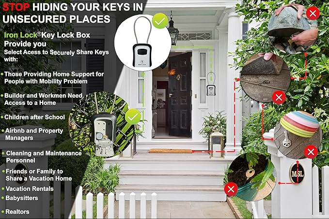 Iron Lock® Key Lock Box Portable with Cable Shackle & Wall Mount – Waterproof Metal Lock Box for Keys with 4-Digit Combination & Resettable Code – Indoor/Outdoor Key Safe (Grey, Medium)