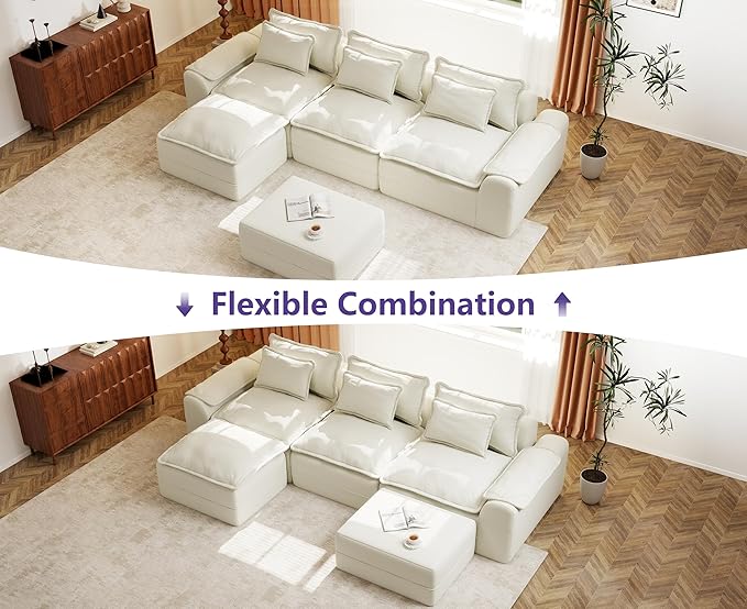 Hobestluk 120" Cloud Modular Sectional Couch 3-Seater Sofa with Ottomans U Shaped Couch Deep Seat Sofa with Removable Cover Large Sofa for Living Room (Beige, 3-Seater Sofa with Two Ottomans)