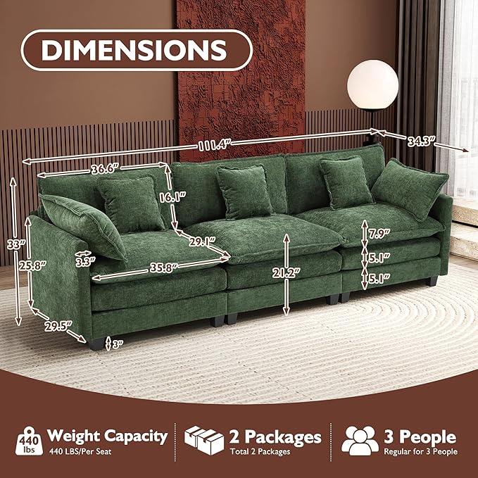 Ihanherry 111.4 Inch 3-Seater Cloud Sofa, Modular Sectional Couch, Modern Deep Seat Sofa for Living Room, Comfy Double Layer Upholstered Seat Cushion, Breathable Chenille Fabric, Green
