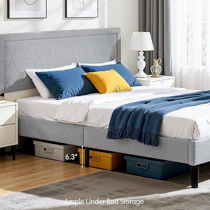 Hokway Bed Frame Upholstered Platform Bed with Headboard Wooden Slat Support No Box Spring Needed(Full, Light Gray)
