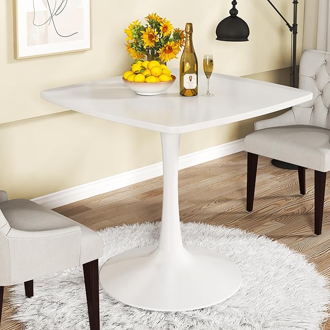 Recaceik Square Dining Table for 2-4 Person, 32 Inches Tulip Kitchen Table with Pedestal Base for Kitchen & Dining Room Table, Mid-Century Modern in Tulip Tables w/0.71" Thickened Desktop, White