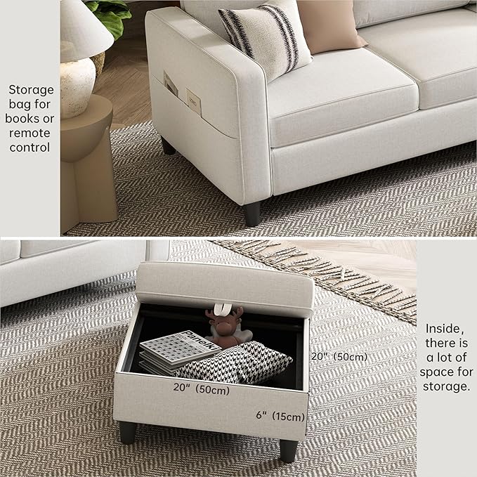 Small Sectional Couch, L Shaped Sectional White Couch in a Box, Small Couches with Ottoman, 3 Seater Sofa for Living Room, Apartment, Dorm, Office