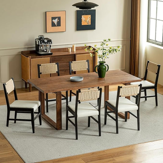 Chogori Wooden Dining Chairs, Modern Farmhouse Kitchen & Dining Room Accent Side Chairs with Woven Rope Back and Fabric Upholstered for Home, Living Room (Black, Set of 6)