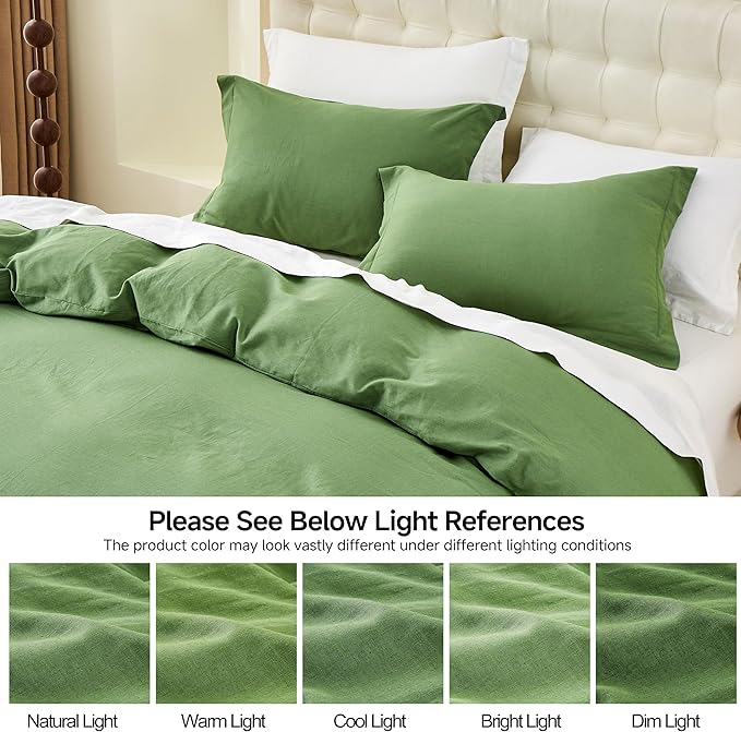 Simple&Opulence French Linen Duvet Cover Set 88" x 92"- 3 Pieces (1 Comforter Cover,2 Pillowcases)- Natural Flax Cotton Blend-Solid Color Breathable Farmhouse Bedding- Khaki Green, Queen
