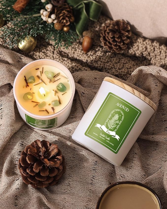 AOOVOO Fir Scented Candles for Women - Aromatherapy Candle with Crystals Inside, 10oz Soy Candles for Home Scented, Birthday Gifts Christmas Candle for Women Mom