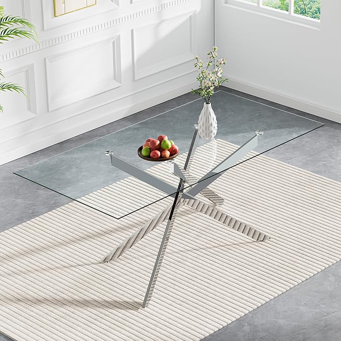 60" Rectangular Glass Dining Room Table for 6 with Tempered Glass Top and Silver Metal Legs, Modern Clear Kitchen and Dinner Table for Home Office Dining Room
