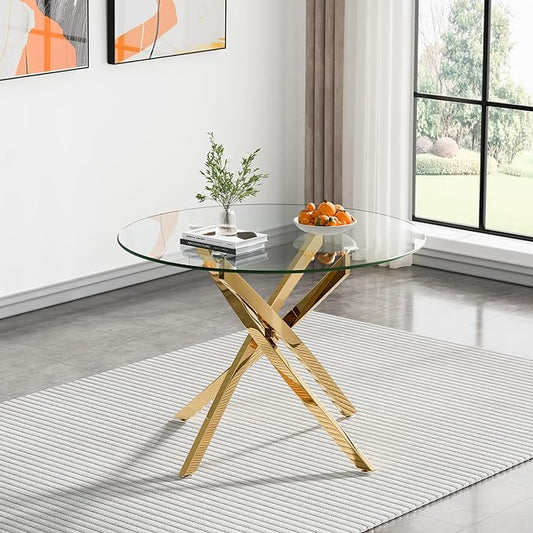 36" Round Dining Table for 4, Glass Kitchen & Dining Room Tables, Modern Circle Dining Room Table w/Tempered Glass Tabletop Gold Finish Metal Legs for Dinner Small Spaces