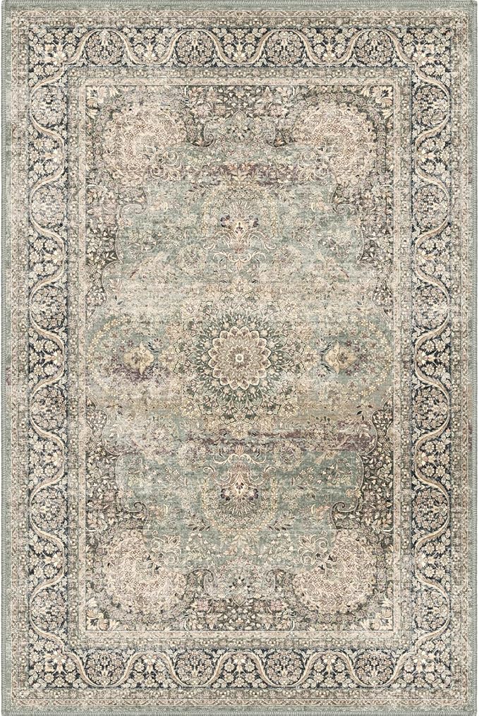 Area Rug 2x3 Distressed Small Entryway Rug Vintage Doormat Faux Wool Non-Slip Washable Low-Pile Floor Carpet for Indoor Front Entrance Kitchen Bathroom…