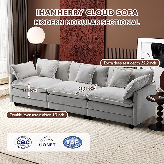 Ihanherry 111.4 Inch 3-Seater Cloud Sofa, Modular Sectional Couch, Modern Deep Seat Sofa for Living Room, Comfy Double Layer Upholstered Seat Cushion, Breathable Chenille Fabric, Grey