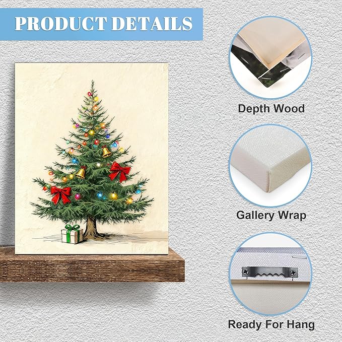 Framed Christmas Pictures Wall Decor,Vintage Pine Tree Prints,Winter Christmas Canvas Wall Art Decoration for Bedroom Bathroom Living Room Rustic Xmas Holiday Gifts (Christmas Tree 9, 20'' X 32'')