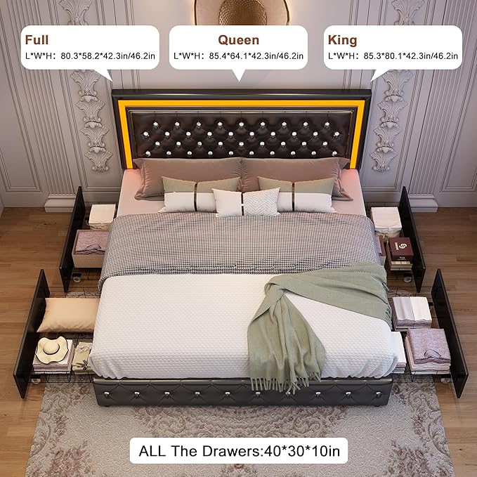 Full Led Bed Frame with 4 Storage Drawers, Bed Frame with Led Lights No Box Spring Needed, 900 lbs Capacity, Easy Assembly, PU Black