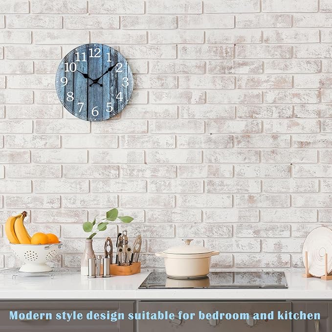 Plumeet Small Wall Clock, 10'' Frameless Wooden Wall Clocks with Silent Quartz Movement, Rustic Coastal Country Village Clocks Decorative for Kitchen Bedroom Living Room, Blue