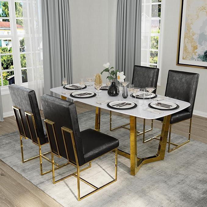 AUZ Dining Chairs Set of 4, Black Faux Leather Upholstered Dining Room Chairs with Polished Gold Stainless Steel Sled Legs