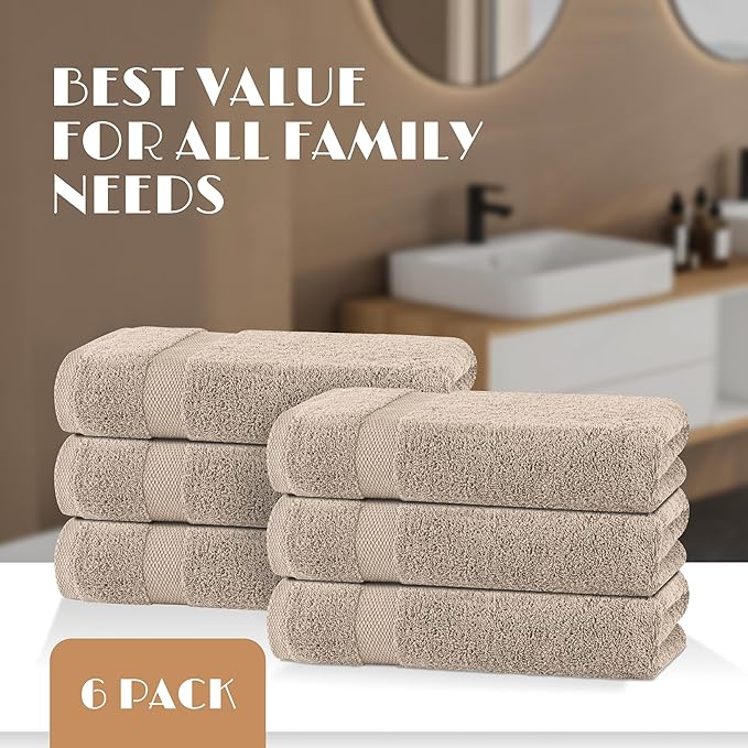 Wealuxe Taupe Bath Towels 24x50 Inch, Cotton Towel Set for Bathroom, Hotel, Gym, Spa, Soft Extra Absorbent Quick Dry 6 Pack