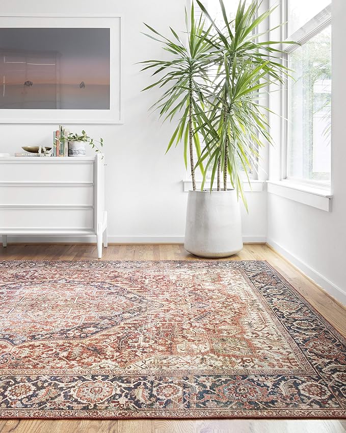 Loloi Layla Collection LAY-08 Red/Navy 2'-6" x 12'-0" .13" Thick Runner Rug, Soft, Durable, Vintage Inspired, Distressed, Low Pile, Non-Shedding, Easy Clean, Printed, Living Room Rug