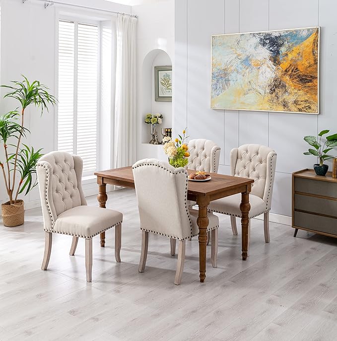 DUOMAY Modern Tufted Dining Chairs Set of 4, Linen Upholstered Dining Room Chairs Armless Guest Side Chair for Kitchen Dining Room, Wingback Accent Chairs with Solid Wood, Beige