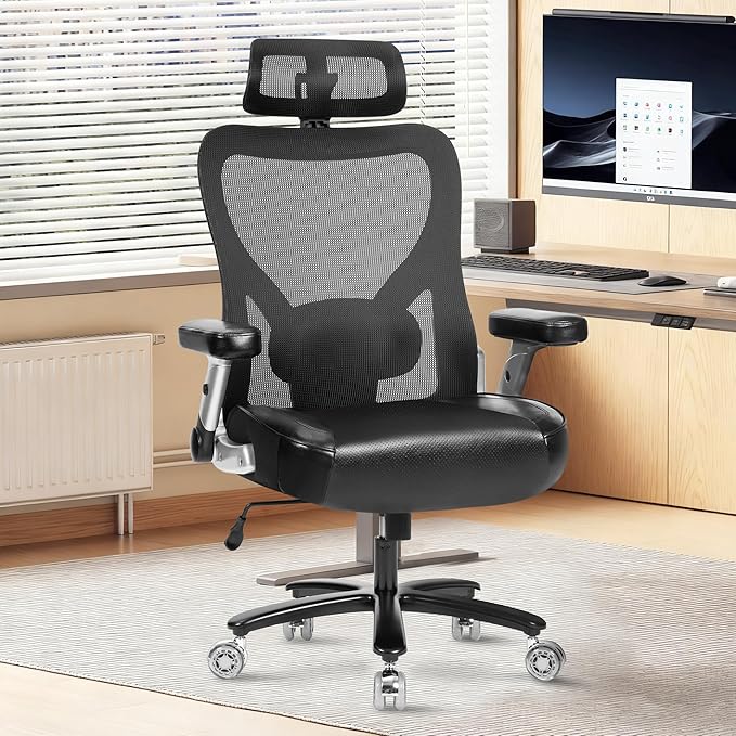 Big and Tall Office Chair 600lbs- Heavy Duty Executive Computer Chair with Rubber Wheels 3D Flip Arms, Ergonomic Mesh High Back Desk Chair, Extra Wide Seat Adjustable Lumbar Support & Headrest